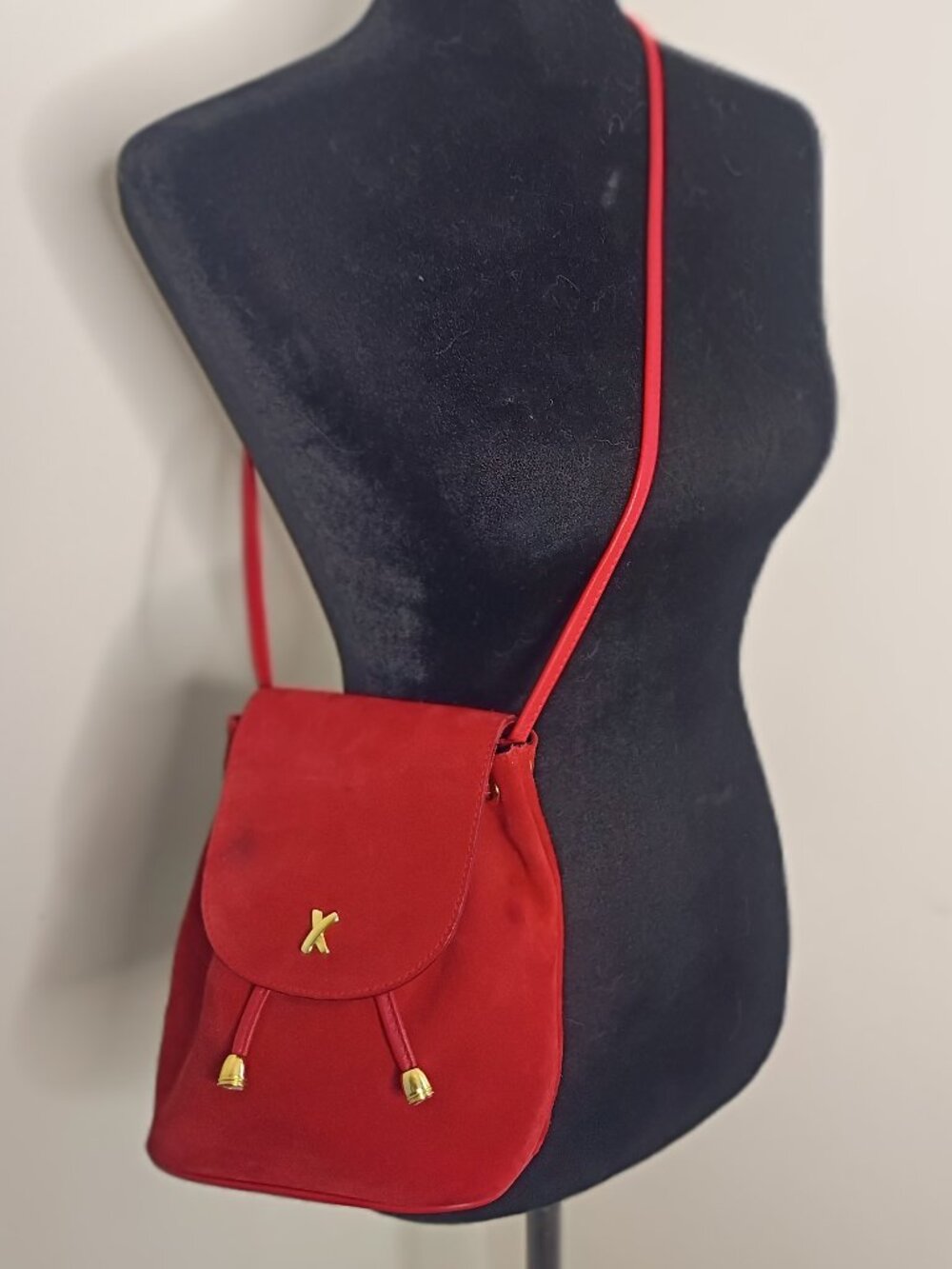 Vintage PALOMA PICASSO Red Suede Small Drawstring Bucket Bag Crossbody